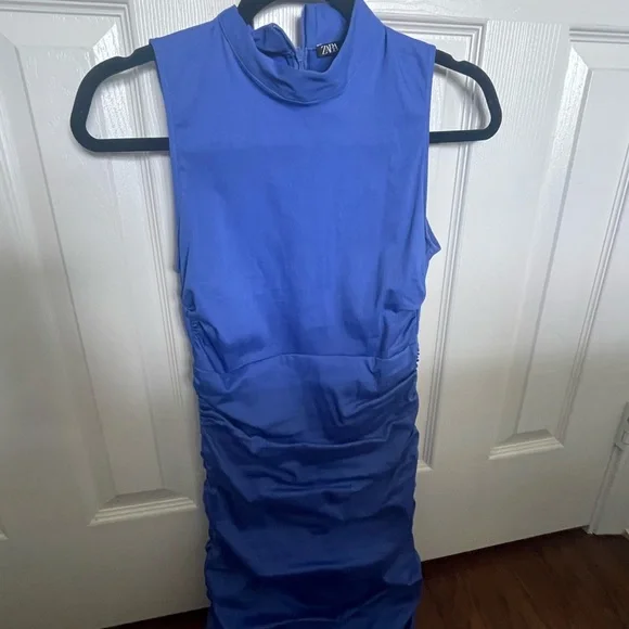 ZARA Mock neck fitted ruched stretch poplin mini dress - Picture 4 of 5